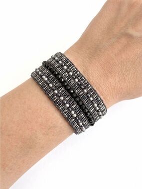 Beaded Multi-Row Wrap Bracelet in Gunmetal and Black